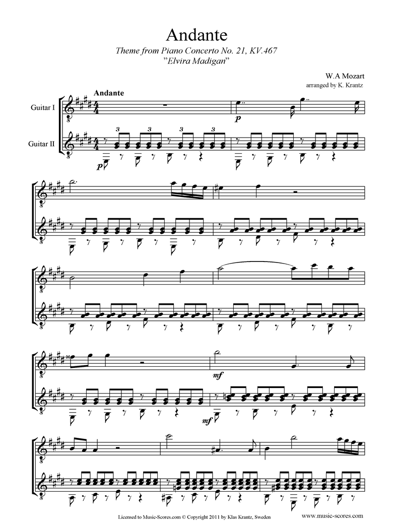Mozart. K467 Piano Concerto 21 2nd mvt Elvira Madigan Guitar Duet classical sheet music