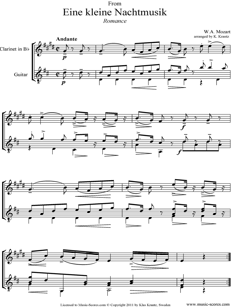 Front page of K525 Eine Kleine Nacht Musik 2: Romanza: Clarinet and Guitar  sheet music