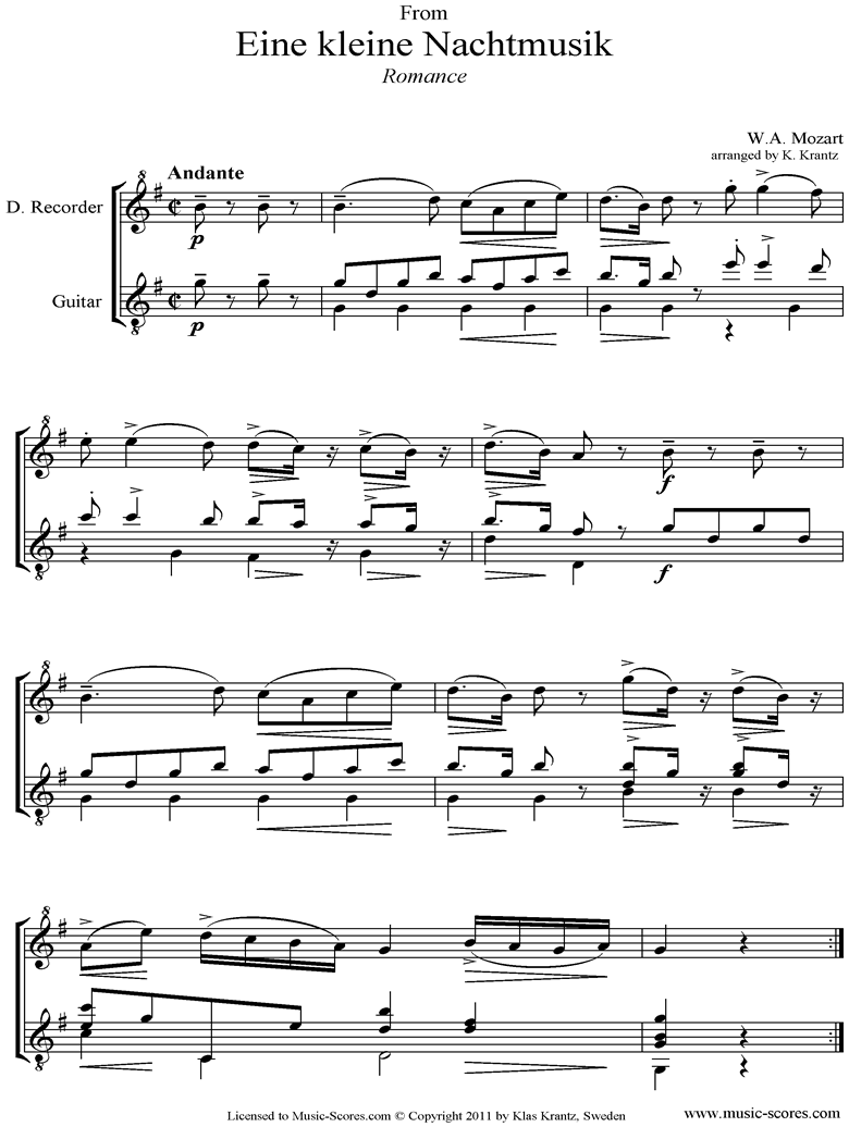 Front page of K525 Eine Kleine Nacht Musik 2: Romanza: Descant Recorder and Guitar  sheet music