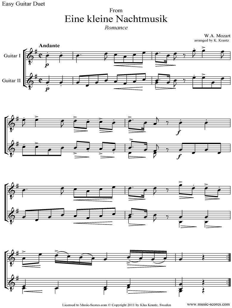 K525 Eine Kleine Nacht Musik 2: Romanza: Guitar Duet by Mozart