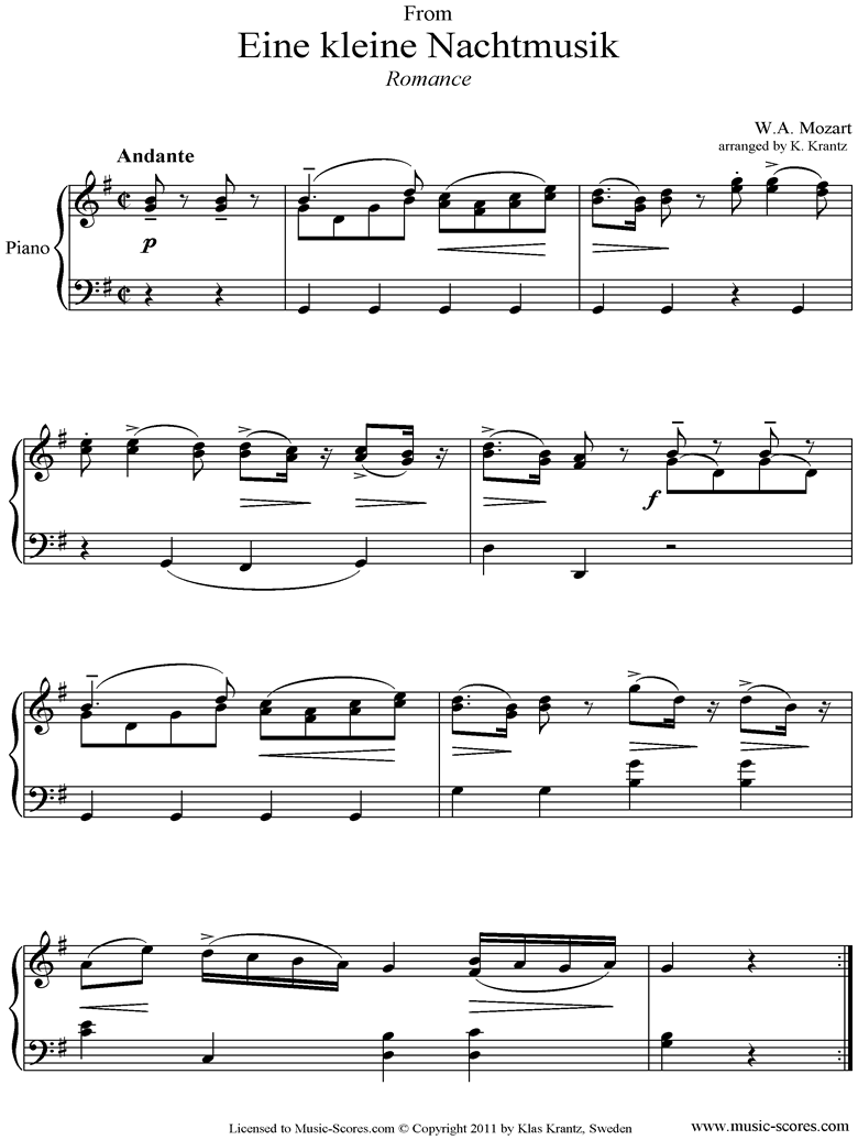 Front page of K525 Eine Kleine Nacht Musik 2: Romanza: Piano  sheet music