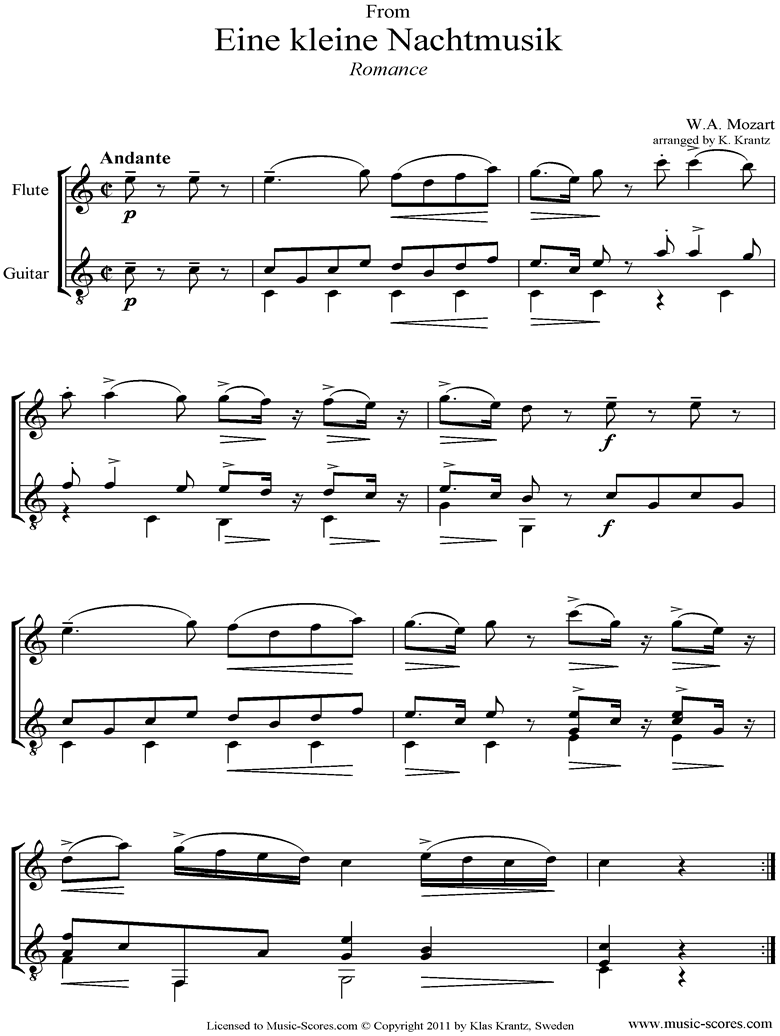 Front page of K525 Eine Kleine Nacht Musik 2: Romanza: Flute and Guitar  sheet music