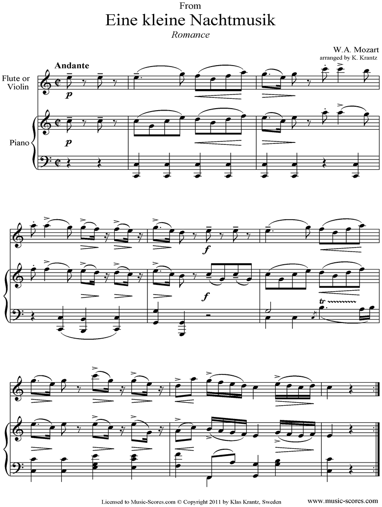 Front page of K525 Eine Kleine Nacht Musik 2: Romanza: Flute and Piano  sheet music