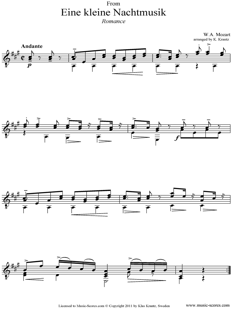 K525 Eine Kleine Nacht Musik 2: Romanza: Guitar  by Mozart