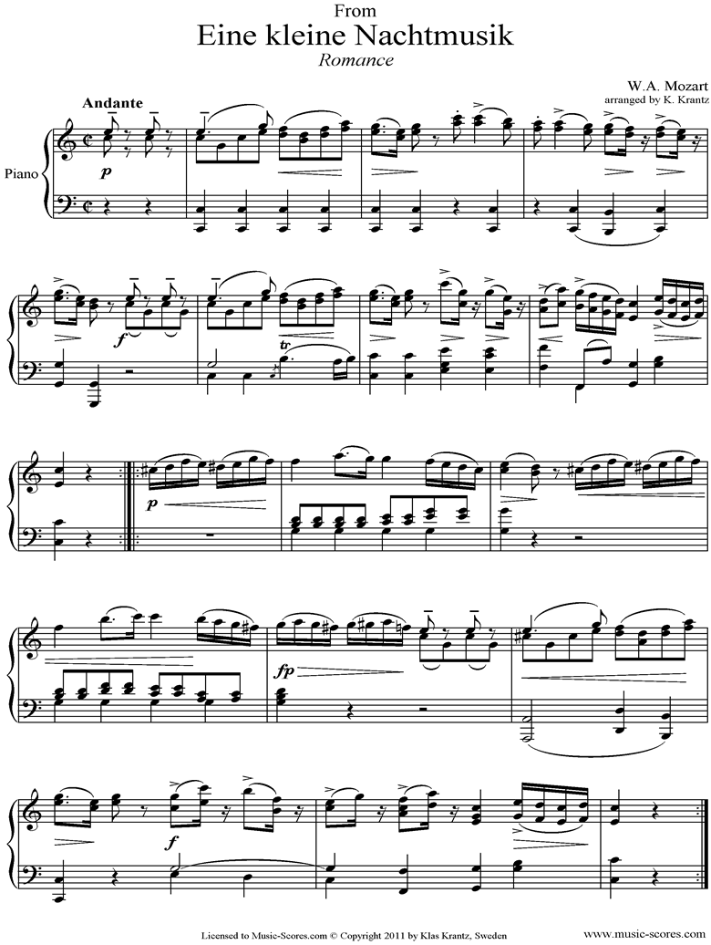 Front page of K525 Eine Kleine Nacht Musik 2: Romanza: Piano  sheet music