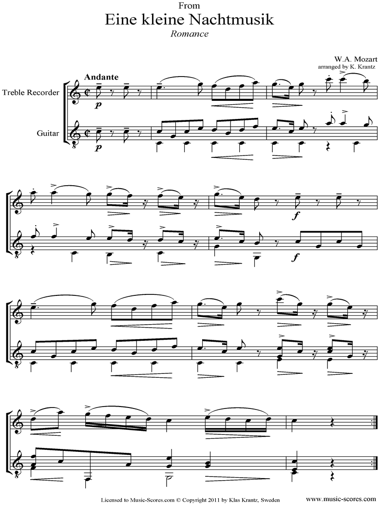 Front page of K525 Eine Kleine Nacht Musik 2: Romanza: Treble Recorder and Guitar  sheet music