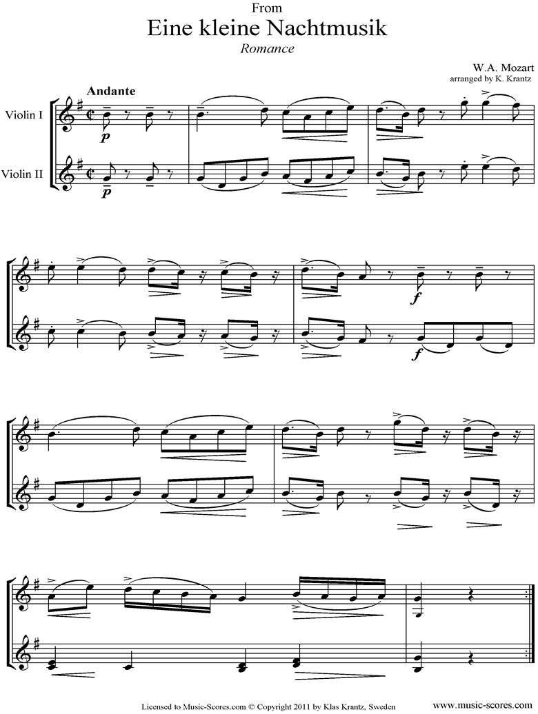 K525 Eine Kleine Nacht Musik 2: Romanza: Violin Duet by Mozart