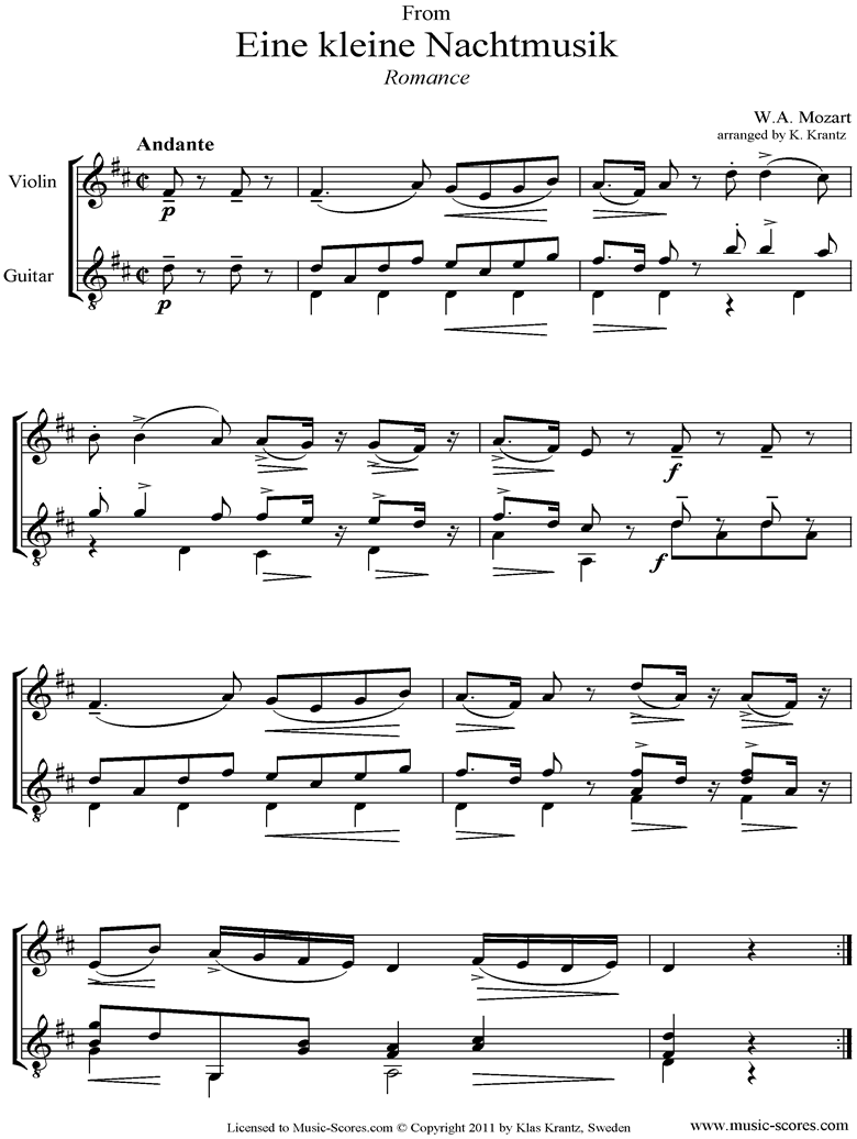 Front page of K525 Eine Kleine Nacht Musik 2: Romanza: Violin and Guitar  sheet music