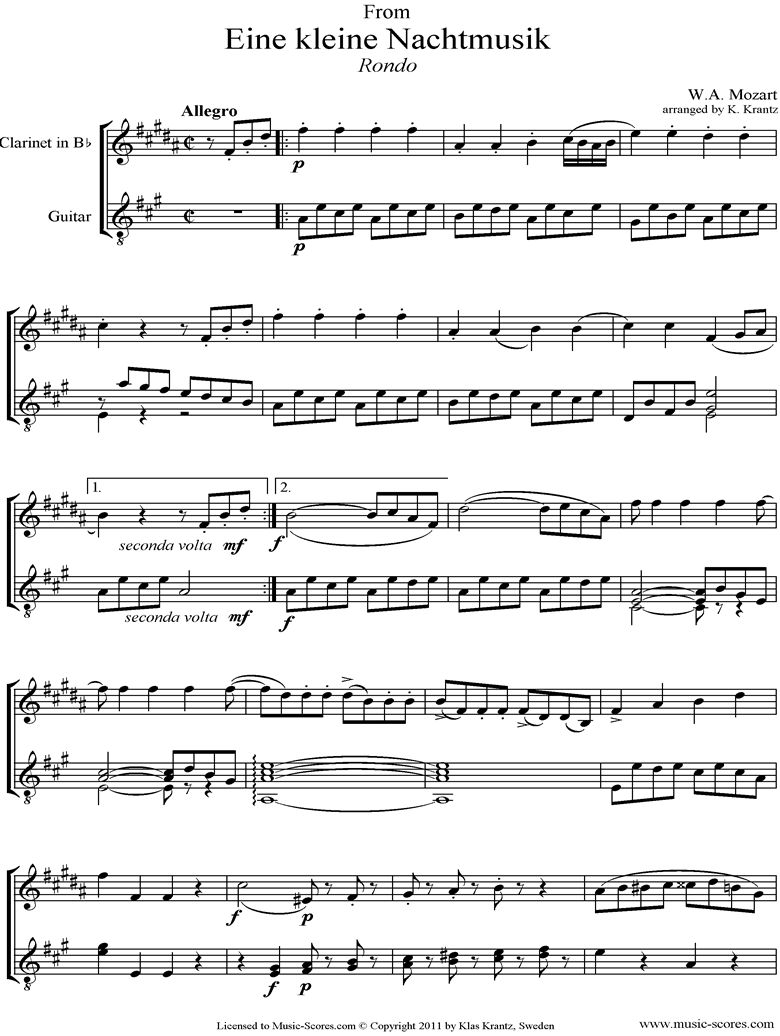 Front page of K525 Eine Kleine Nacht Musik 4: Rondo: Clarinet, Guitar sheet music