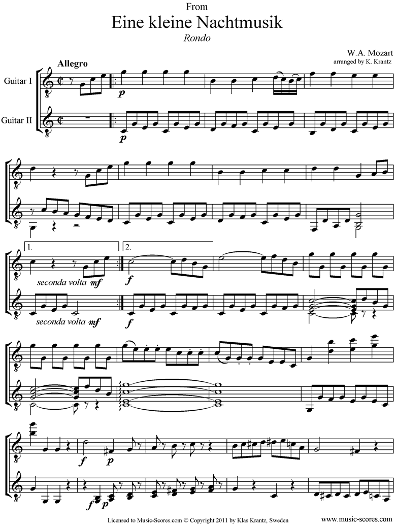 Front page of K525 Eine Kleine Nacht Musik 4: Rondo: Guitar Duet, C ma sheet music