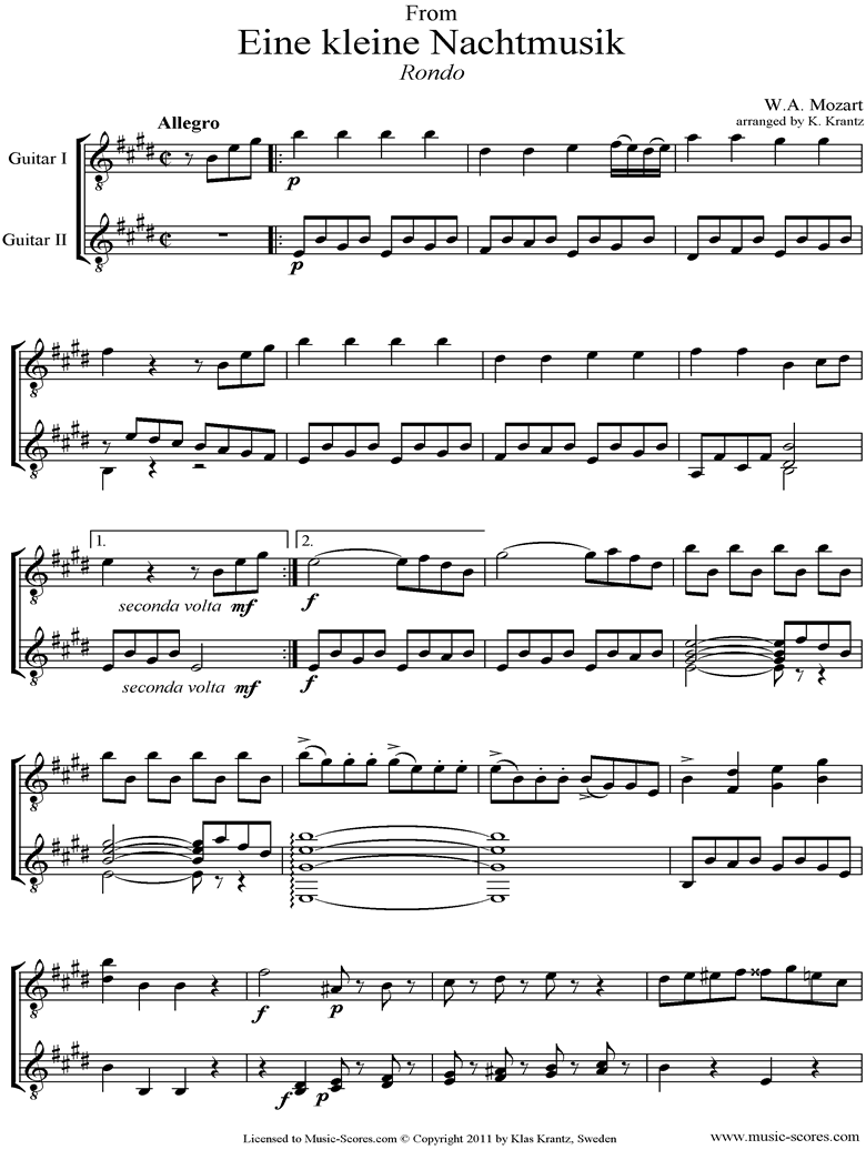 Front page of K525 Eine Kleine Nacht Musik 4: Rondo: Guitar Duet sheet music