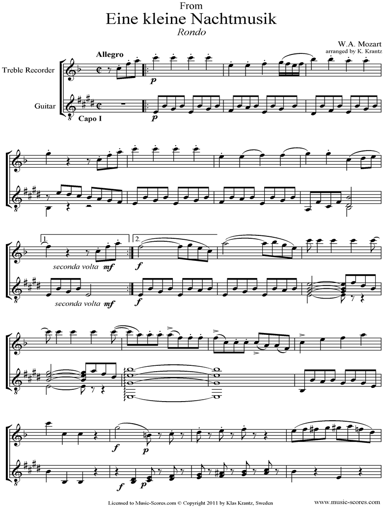 K525 Eine Kleine Nacht Musik 4: Rondo: Treble Recorder, Guitar by Mozart