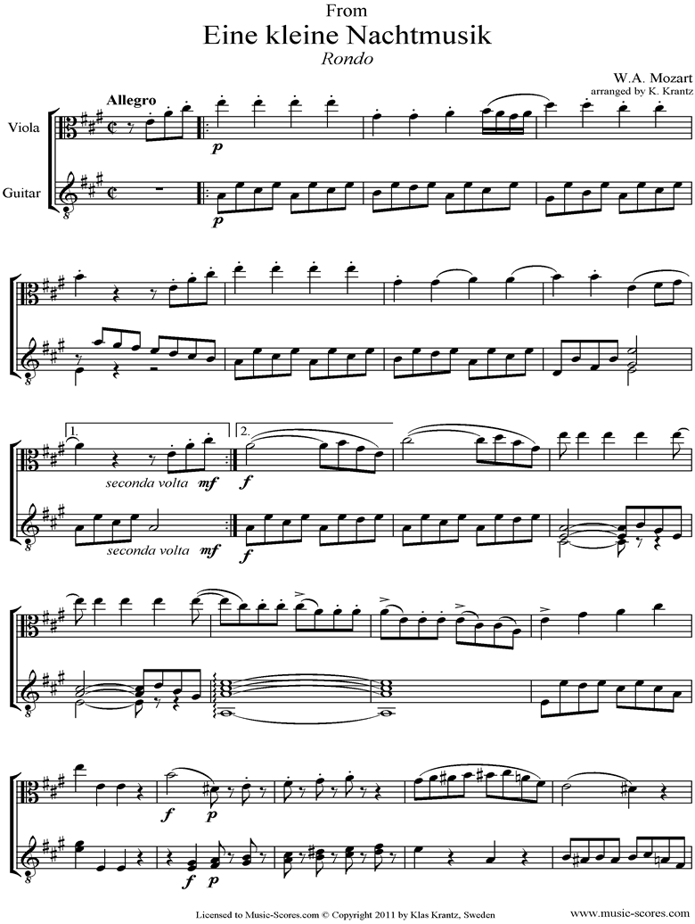 Front page of K525 Eine Kleine Nacht Musik 4: Rondo: Viola, Guitar sheet music