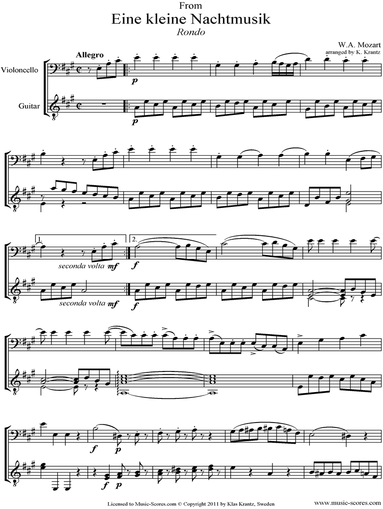 Front page of K525 Eine Kleine Nacht Musik 4: Rondo: Cello, Guitar sheet music