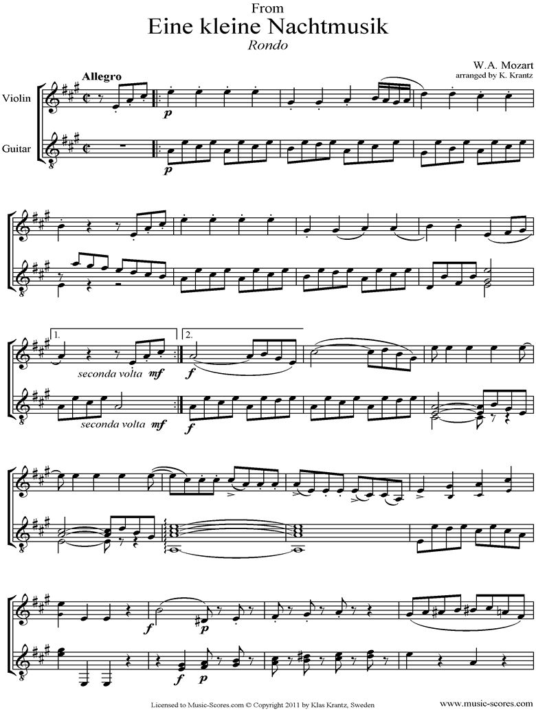 Front page of K525 Eine Kleine Nacht Musik 4: Rondo: Violin, Guitar sheet music