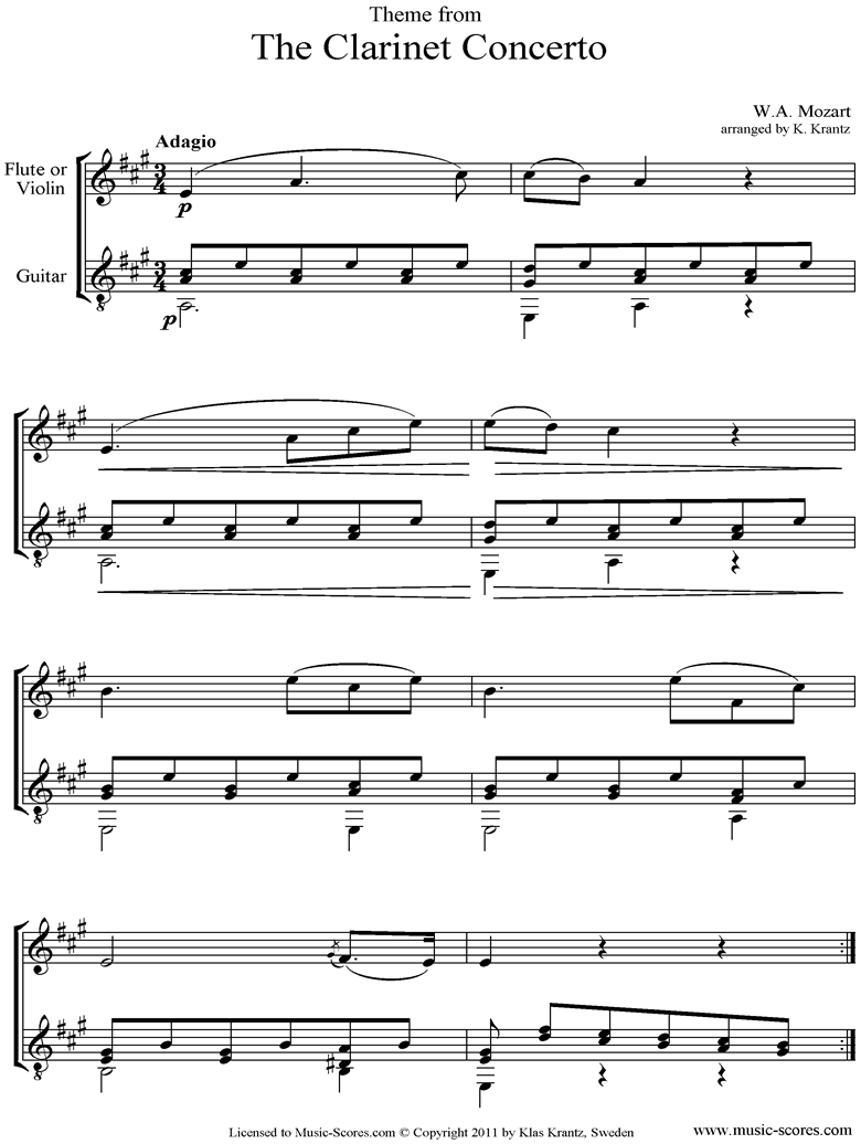 Front page of K622 Clarinet Concerto: 2nd: Flute, Guitar A ma sheet music