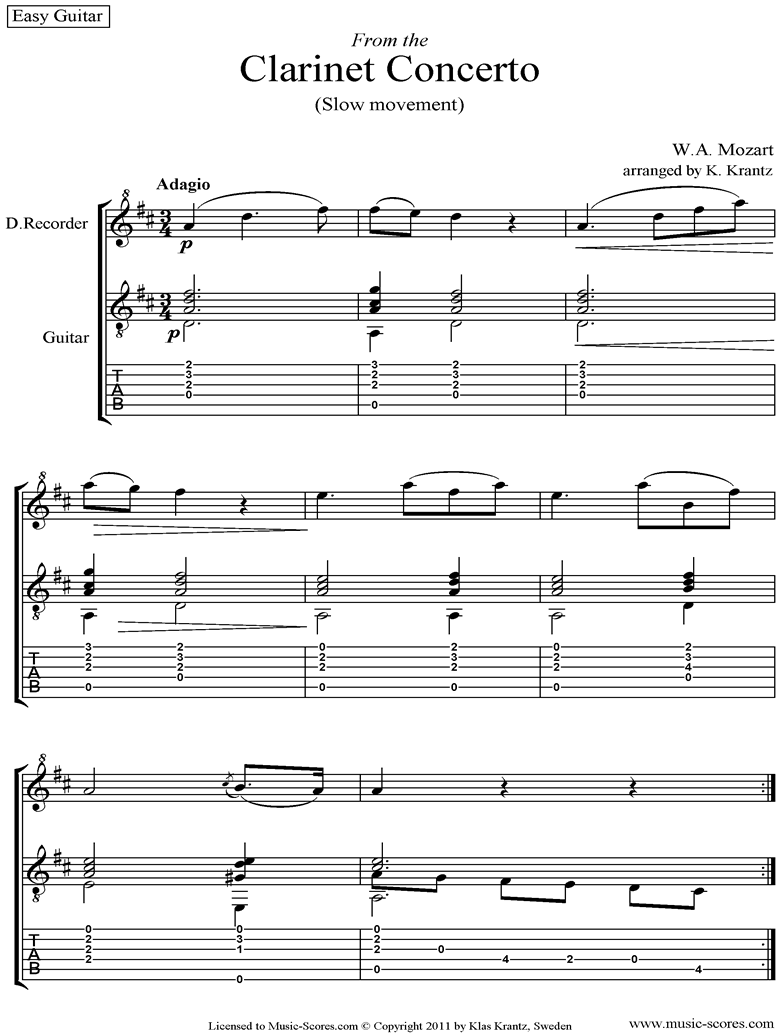 Front page of K622 Clarinet Concerto: 2nd: Descant Recorder, Guitar tabs sheet music