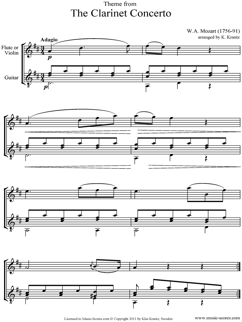 Front page of K622 Clarinet Concerto: 2nd: Flute, Guitar D ma sheet music