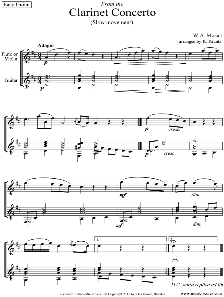 Front page of K622 Clarinet Concerto: 2nd: Flute, easy Guitar D ma sheet music