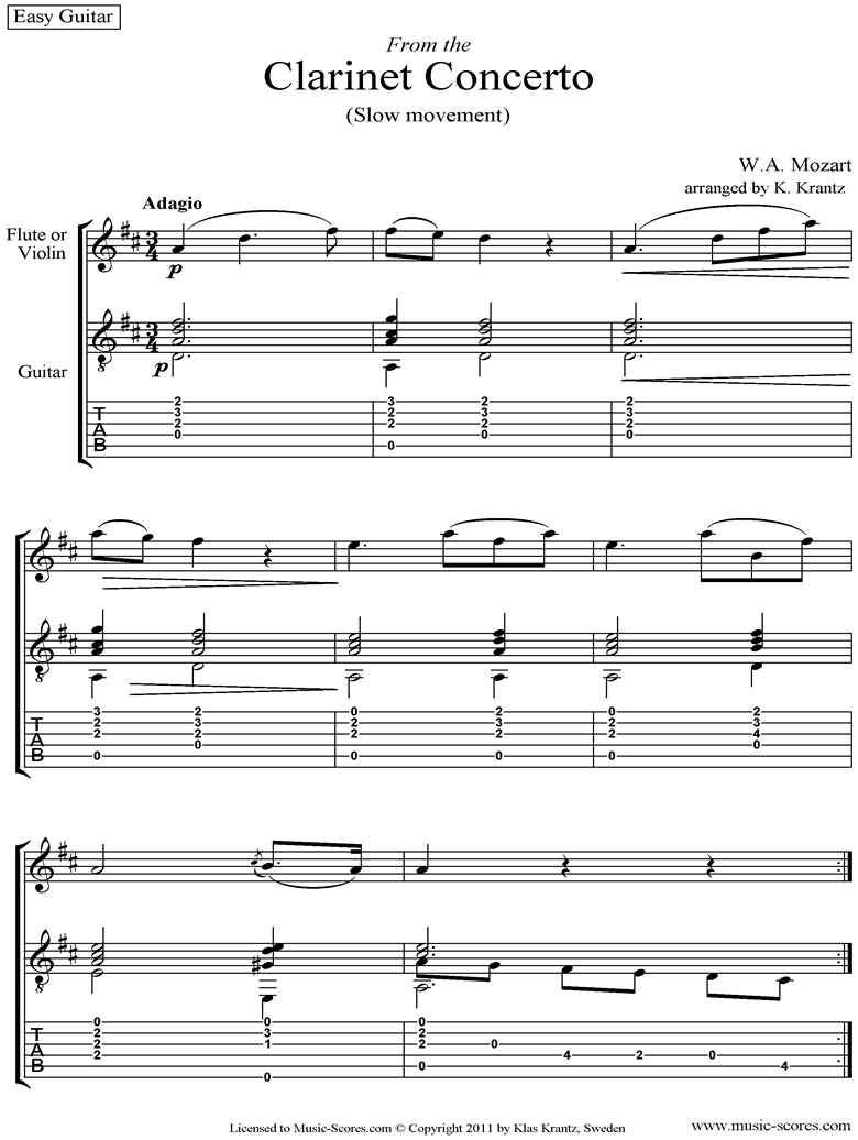 K622 Clarinet Concerto: 2nd: Flute, easy Guitar tabs by Mozart