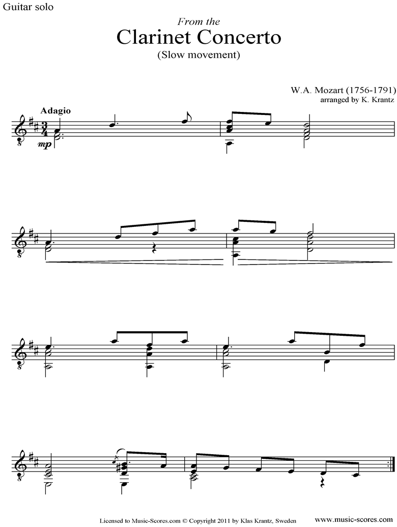 Front page of K622 Clarinet Concerto: 2nd: Guitar sheet music