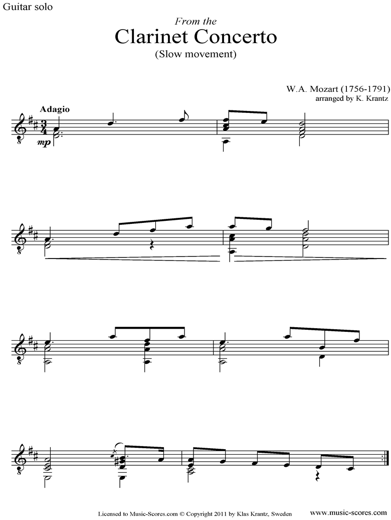 K622 Clarinet Concerto: 2nd: Guitar by Mozart