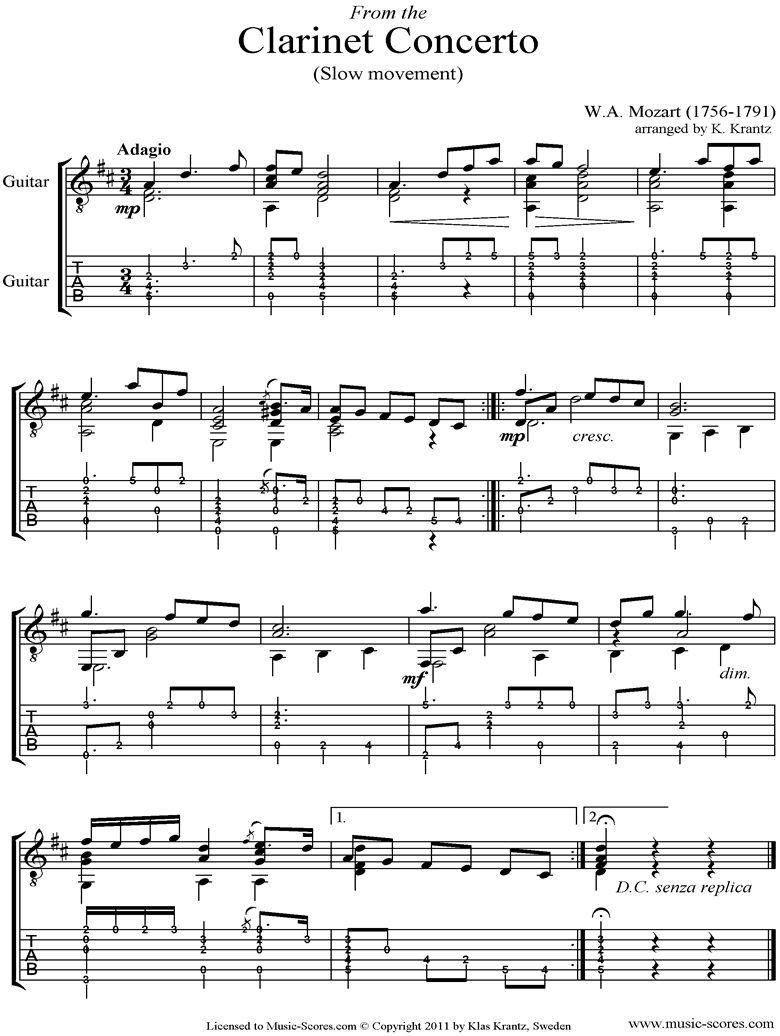 Front page of K622 Clarinet Concerto: 2nd: Guitar tabs sheet music
