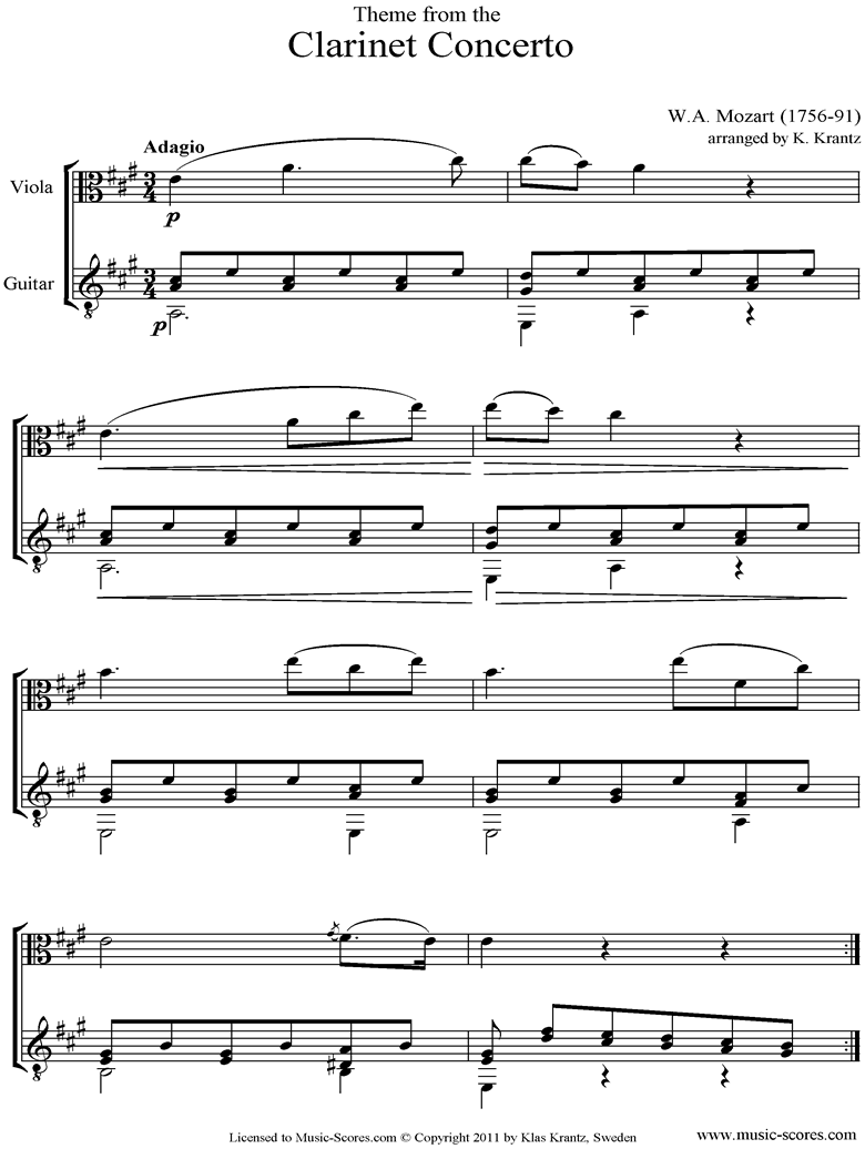 K622 Clarinet Concerto: 2nd: Viola, Guitar by Mozart