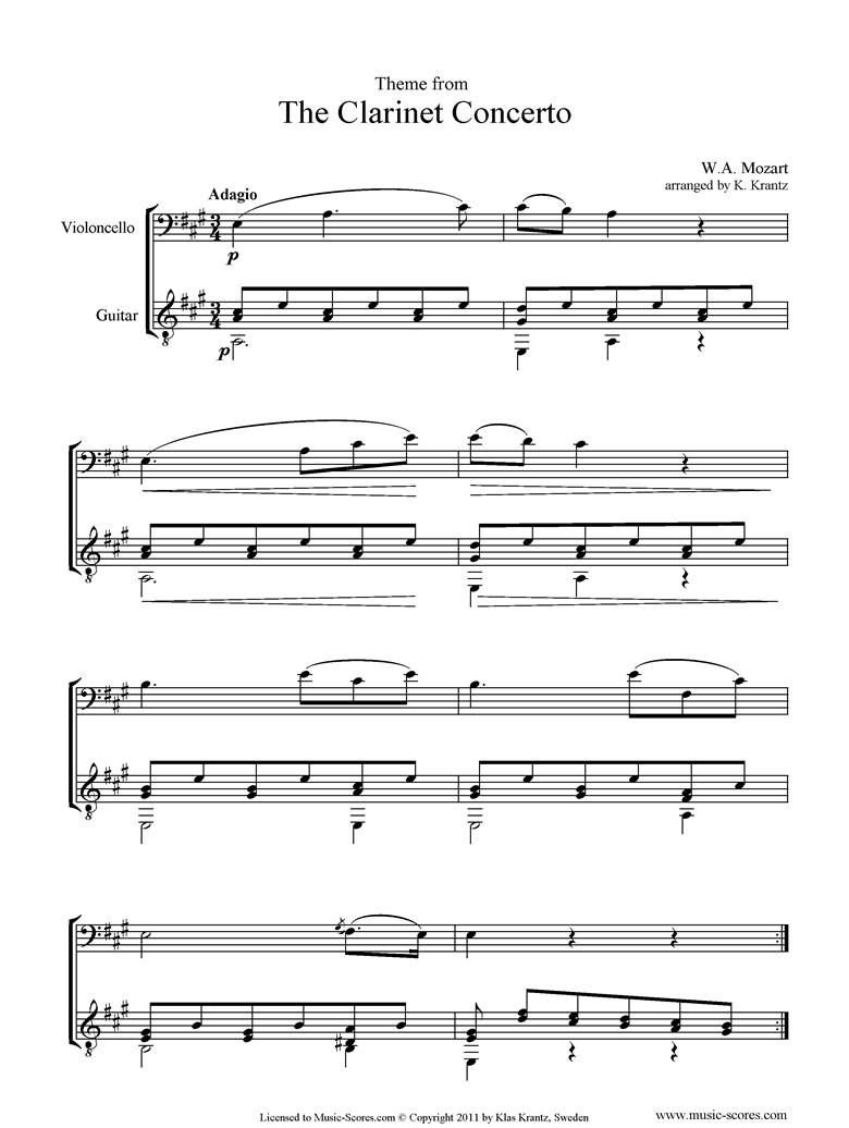 Front page of K622 Clarinet Concerto: 2nd: Cello, Guitar sheet music