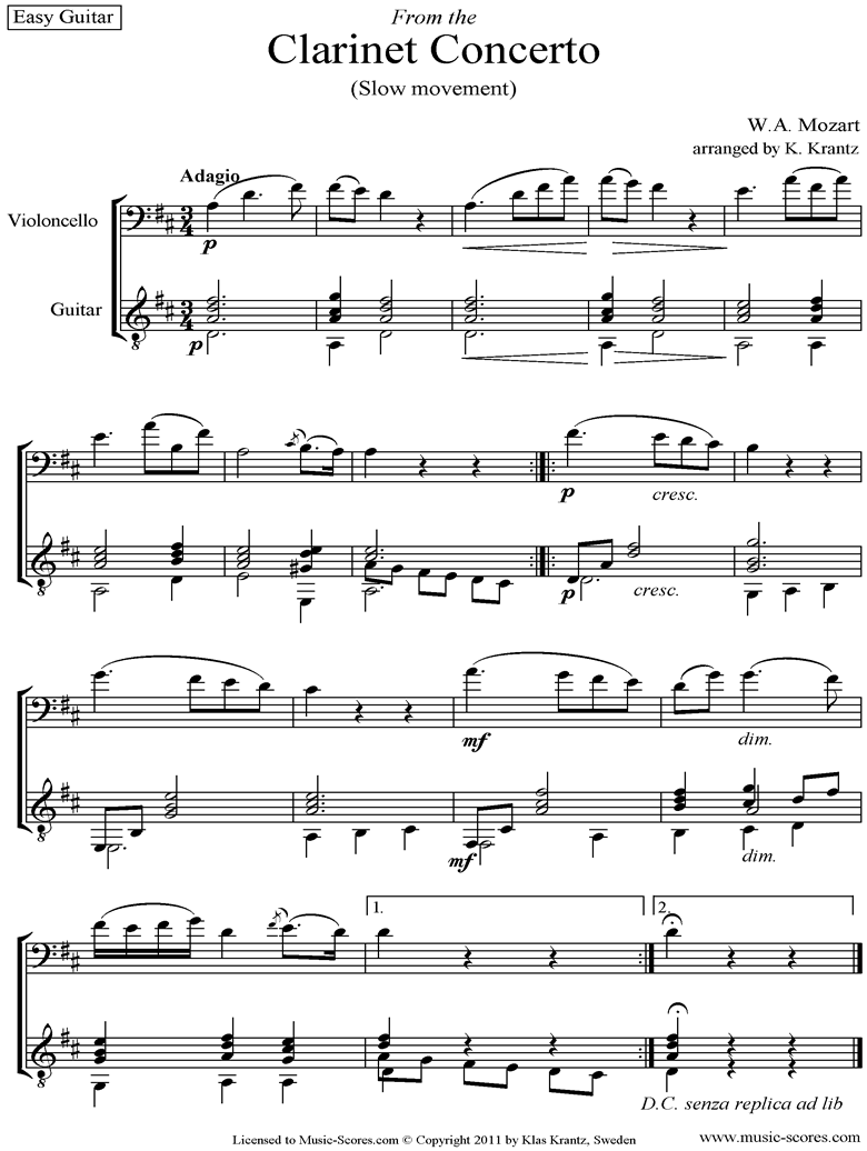 Front page of K622 Clarinet Concerto: 2nd: Cello, easy Guitar sheet music