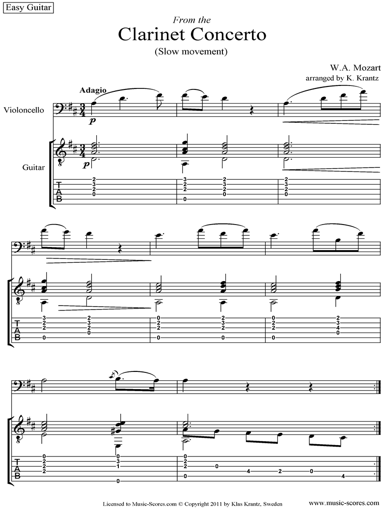 K622 Clarinet Concerto: 2nd: Cello, easy Guitar tabs by Mozart