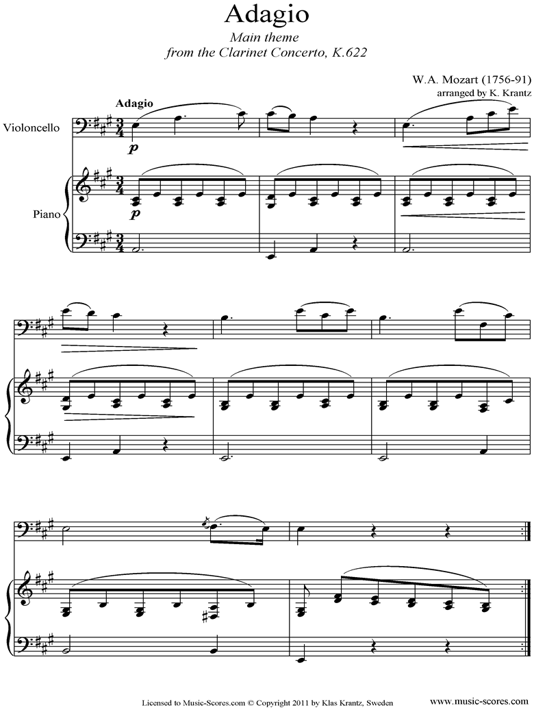 Front page of K622 Clarinet Concerto: 2nd: Cello, Piano sheet music