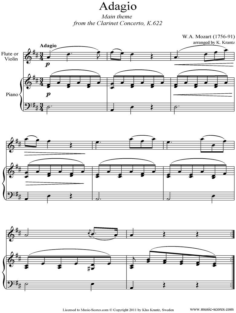 Front page of K622 Clarinet Concerto: 2nd: Violin, Piano sheet music