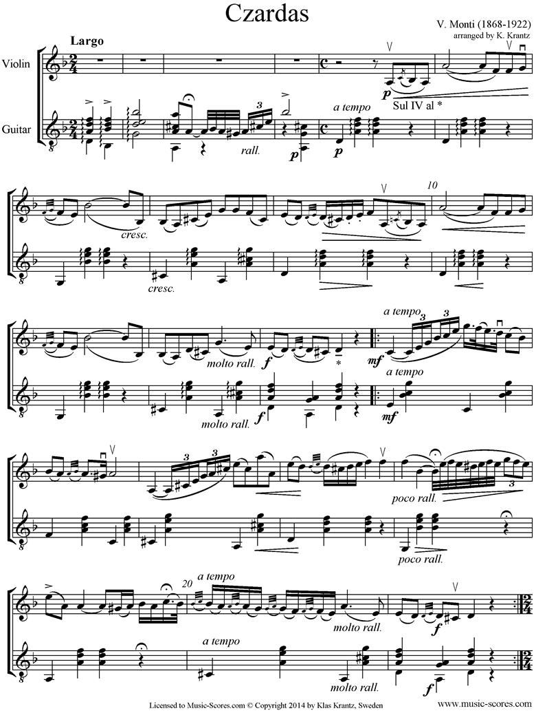 Czardas No.1 Violin, Guitar Monti sheet music