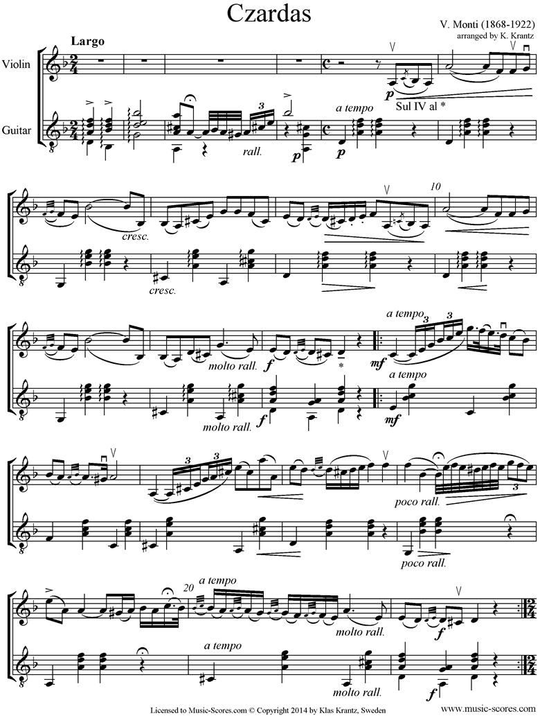 Front page of Czardas No.1: Violin, Guitar sheet music