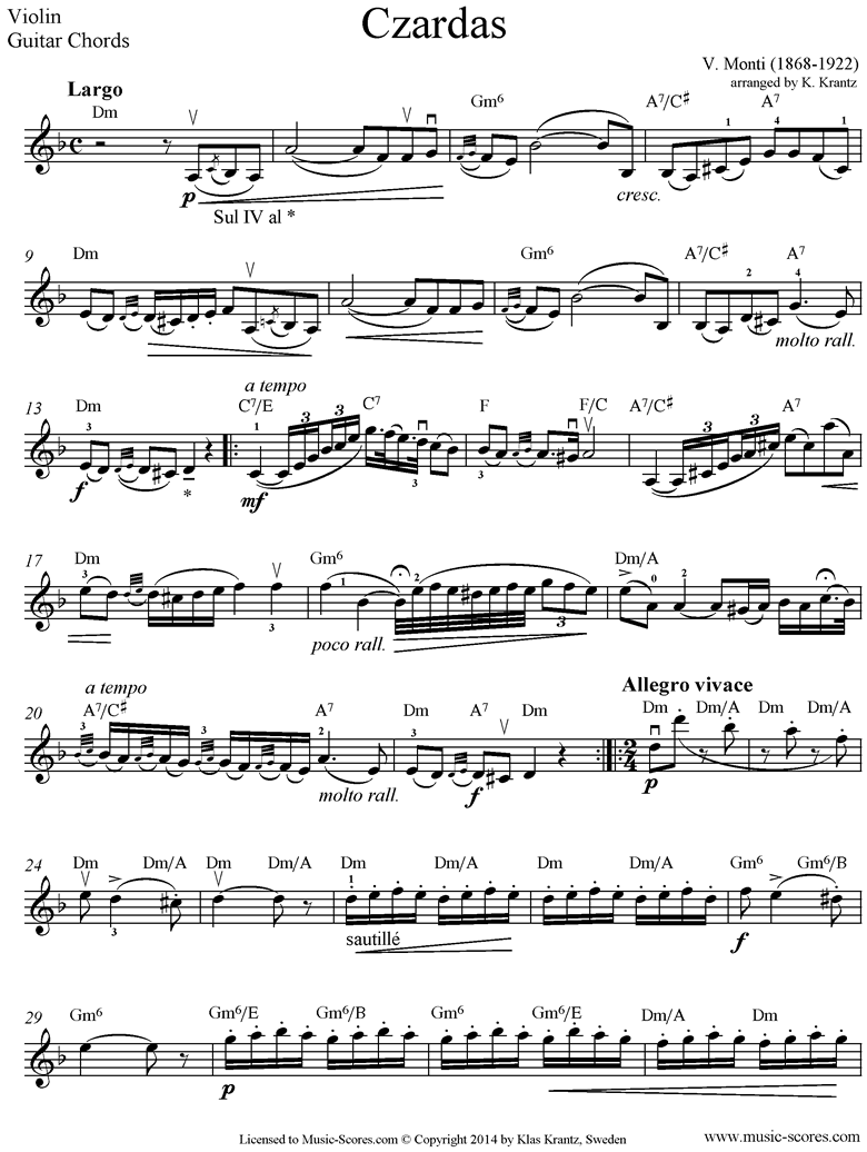 Czardas No.1: Violin, Guitar chords by Monti