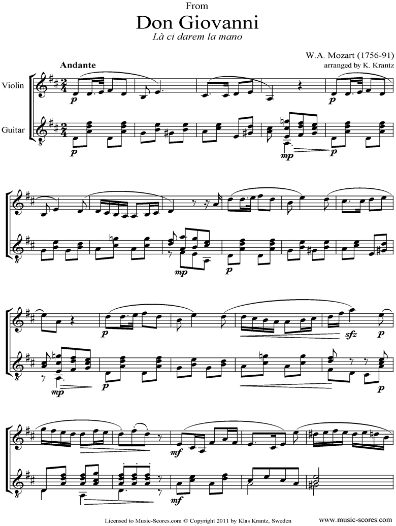 Front page of Don Giovanni: La Ci Darem la Mano: Violin and Guitar sheet music