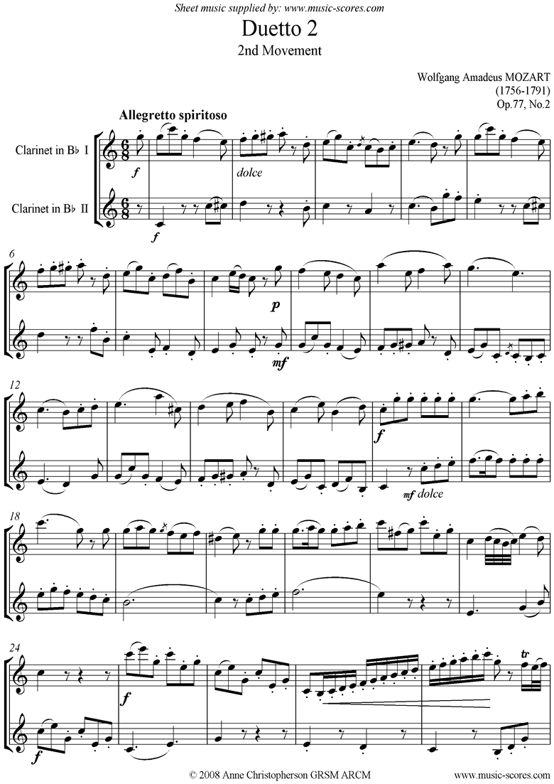 Front page of Op.77 Clarinet Duo: No.2, 2nd mvt sheet music