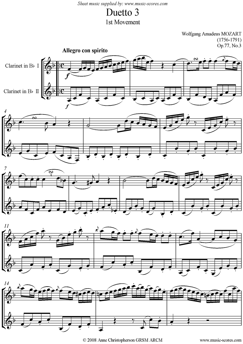 Front page of Op.77 Clarinet Duo: No.3, 1st mvt sheet music