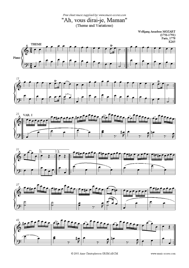 Front page of K265 Ah, Vous Dirai-je, Maman: complete sheet music