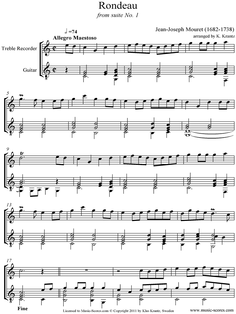 Rondeau: Bridal Fanfare: Treble Recorder and Guitar by Mouret