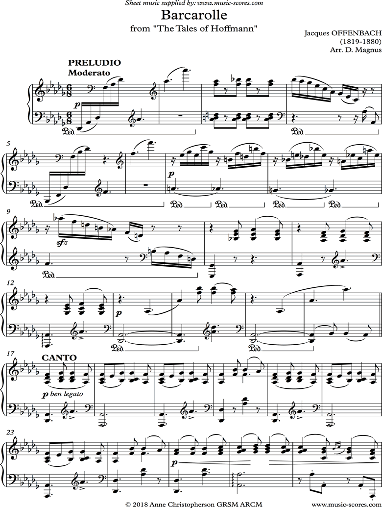 Front page of Barcarolle: from Tales of Hoffmann: Piano sheet music