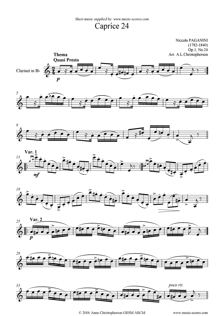 Front page of Op.1: Caprice no. 24: Clarinet sheet music