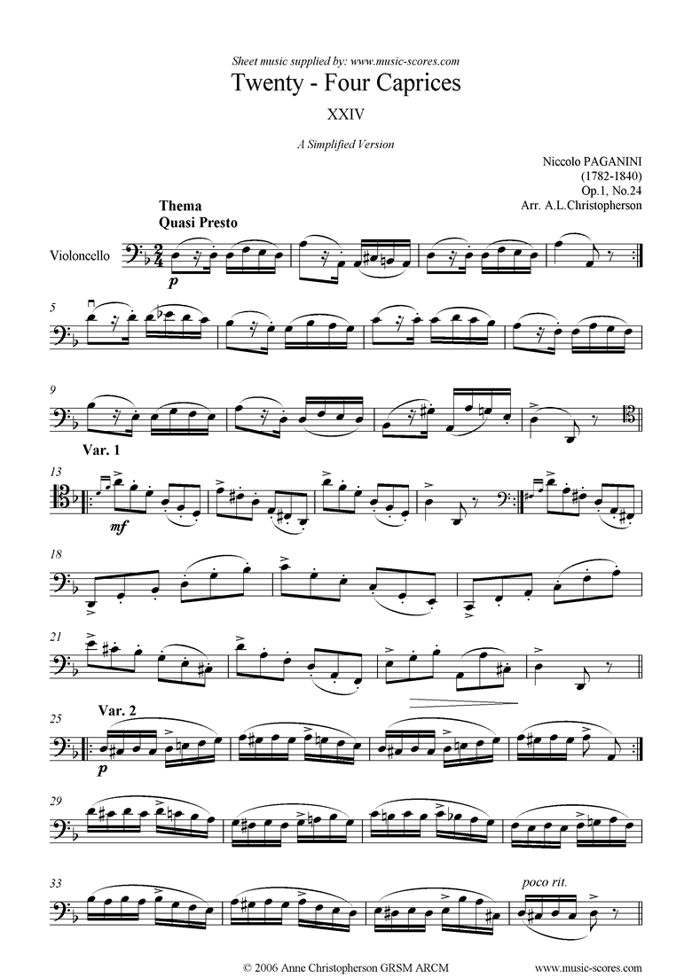 Front page of Op.1: Caprice no. 24: Cello sheet music