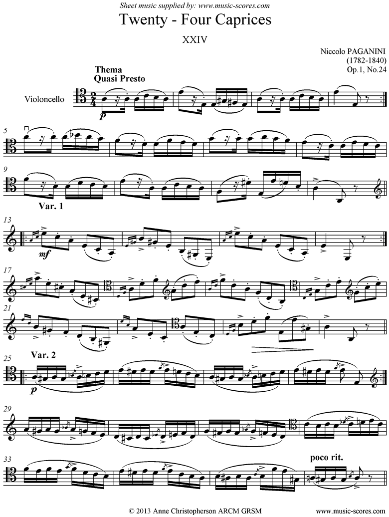 Front page of Op.1: Caprice no. 24: Cello in A minor sheet music