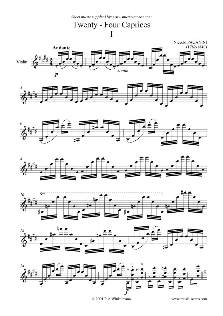 Front page of Op.1: Caprice no. 01 in E sheet music