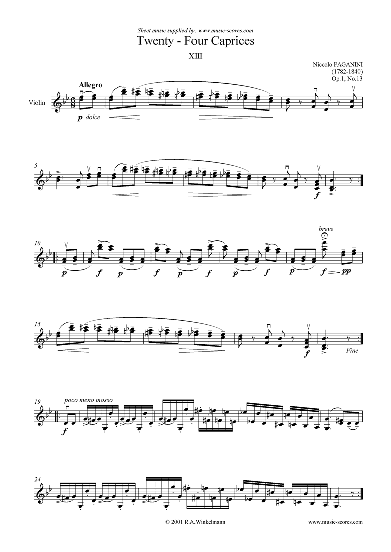 Front page of Op.1: Caprice no. 13 in Bb sheet music
