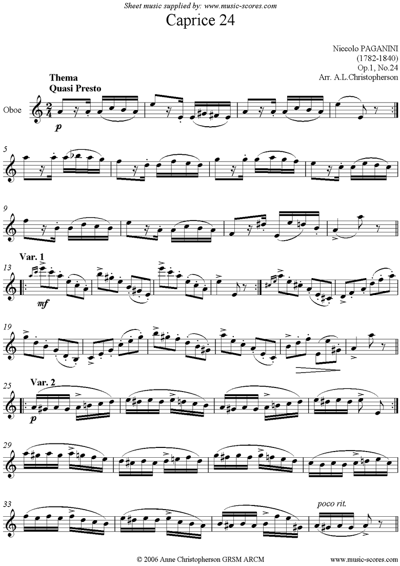 Front page of Op.1: Caprice no. 24: Oboe sheet music