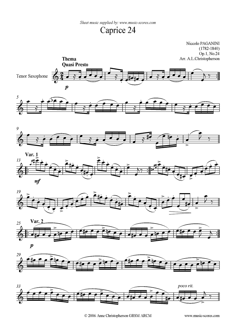 Front page of Op.1: Caprice no. 24: Tenor Sax in A minor sheet music