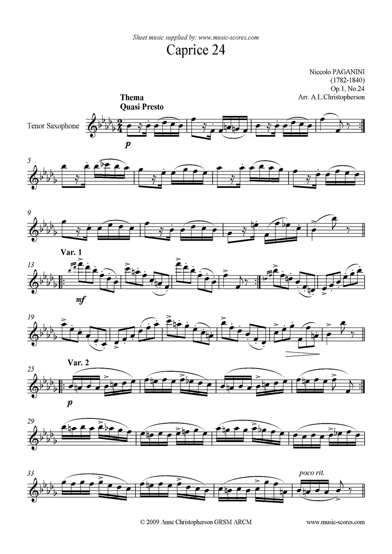 Front page of Op.1: Caprice no. 24: Tenor Sax in Bb minor sheet music